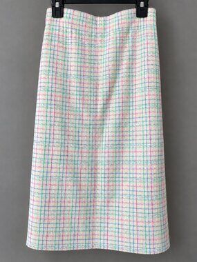 St John Collection Womens 12 Pastel Plaid Tweed Pencil Skirt Cream Pink Aqua